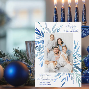 Glad Hanukkah Blå Botanisk Familjefoto Magnet