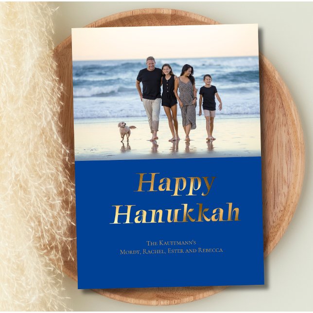 Glad Hanukkah Blå Guld Folie Foto Julkort (Hanukkah Holiday Card Photo Blue Gold Foil Personalized, Printed or Digital)