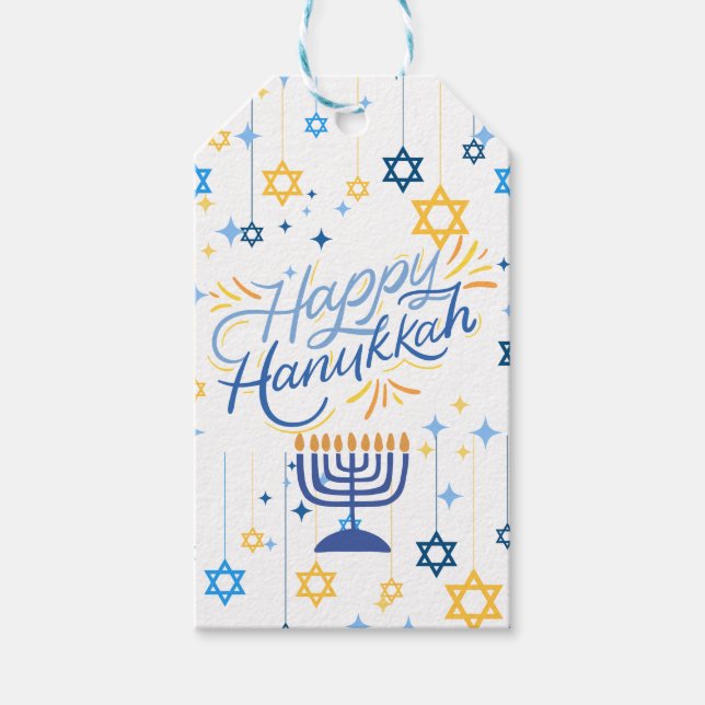 Glad Hanukkah Blå Och Guld Presentetikett (Framsidan)