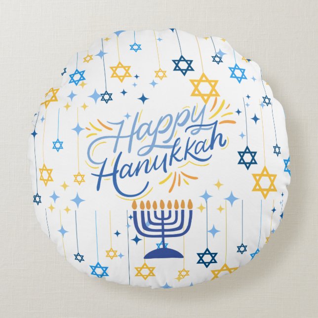 Glad Hanukkah Blå Och Guld Rund Kudde (Framsidan)