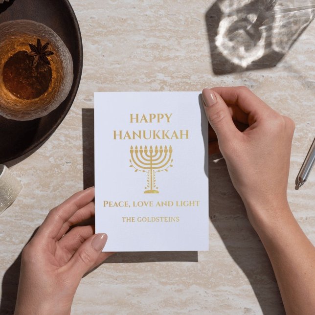 Glad Hanukkah Blå och Vit Menorah Folierat Kort (Customize this Happy Hanukkah Gold Foil card to complete your celebration!)
