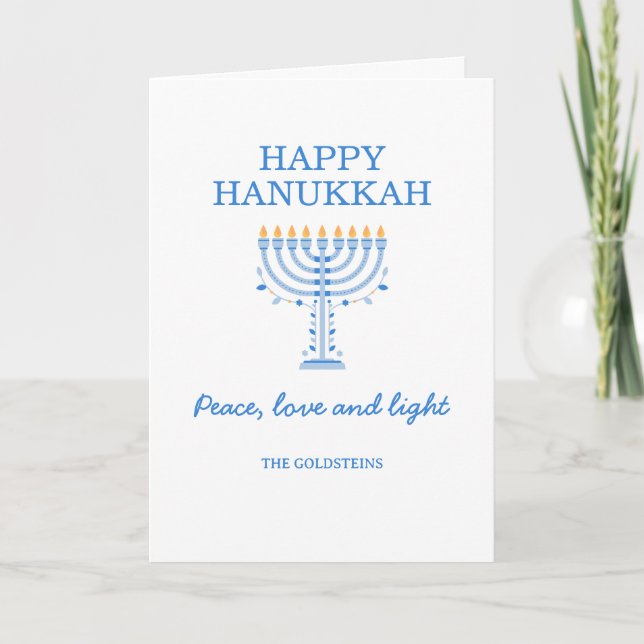 Glad Hanukkah Blå och Vit Menorah Kort (Framsida)