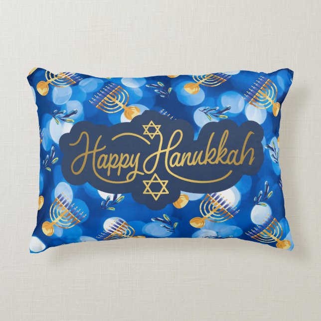 Glad Hanukkah Blå Och Vit Prydnadskudde (Framsidan)