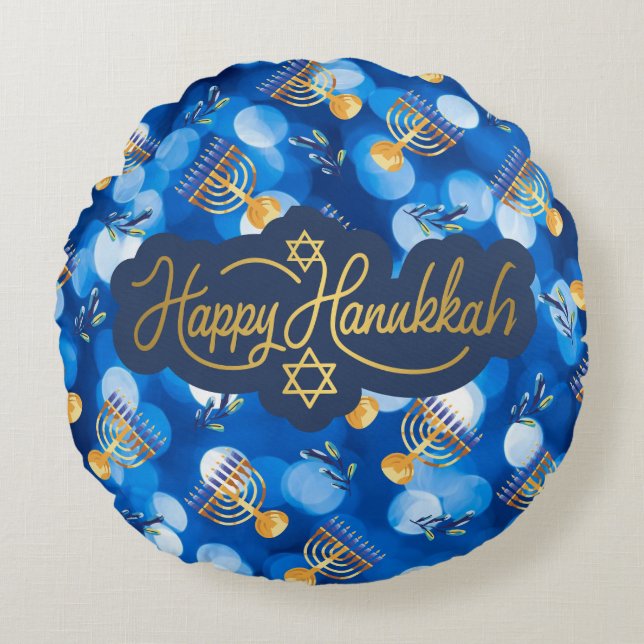 Glad Hanukkah Blå Och Vit Rund Kudde (Framsidan)