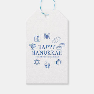 Glad Hanukkah blå vit anpassad familjenamn Presentetikett