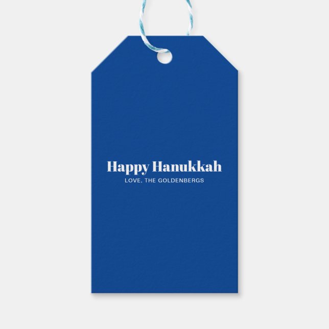 Glad Hanukkah blå vit enkel minimalistisk anpassad Presentetikett (Framsidan)