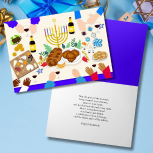 Glad Hanukkah-bord med menorá, mat och familj Kort
