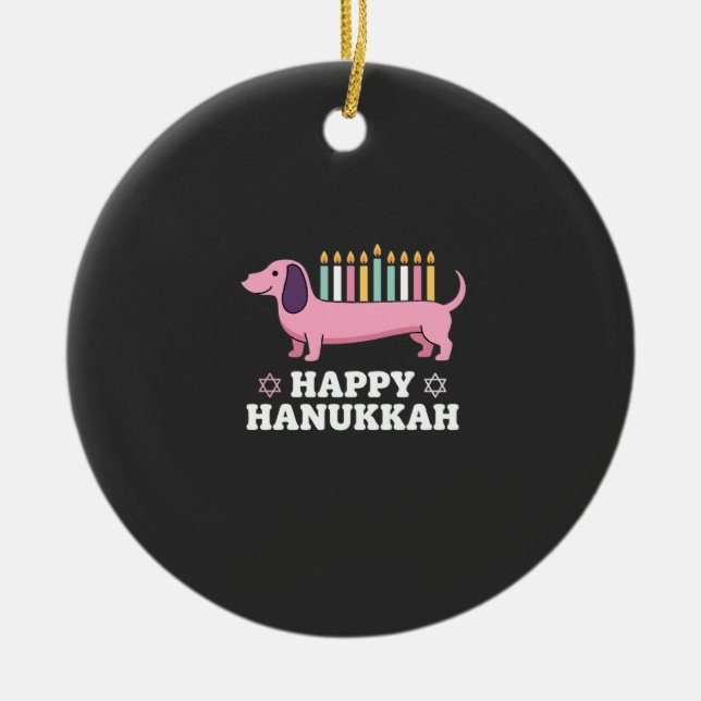 Glad Hanukkah Dachshund Hund Julgransprydnad Keramik (Framsidan)