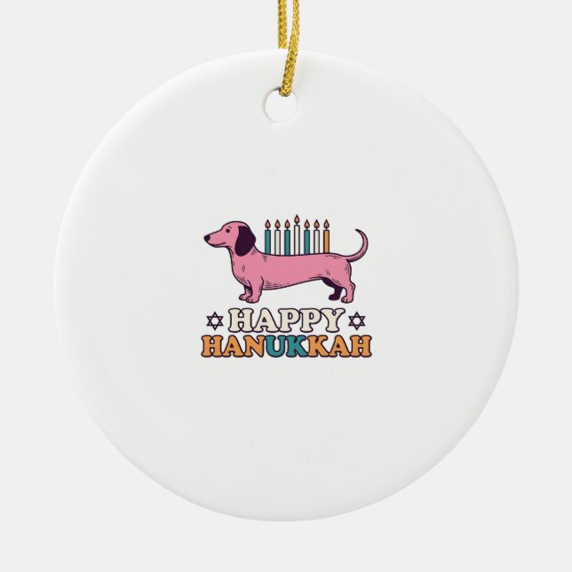 Glad Hanukkah Dackel Menorah Hund Tröja Design_ Julgransprydnad Keramik (Framsidan)