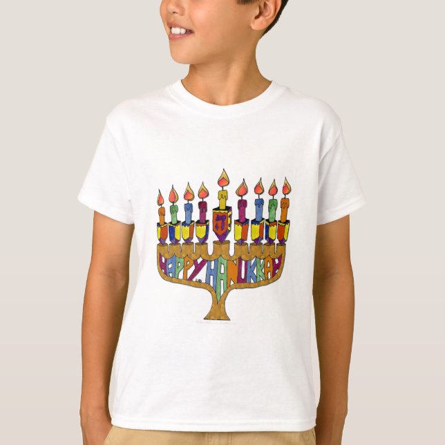 Glad Hanukkah Dreidels Menorah Tee Shirt (Framsida)