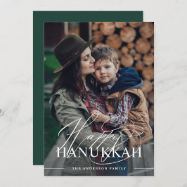 Glad Hanukkah | Elegant Script Foto Mörkgrön Julkort
