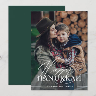 Glad Hanukkah Elegant Skrift Foto Mörkgrön Julkort