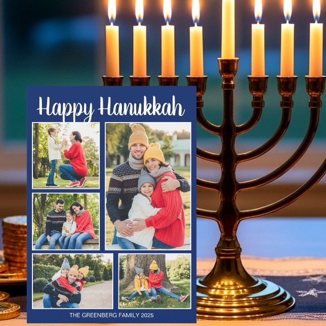 Glad Hanukkah Familjefotocollage Blått Mönster Julkort (Skapare uppladdad)