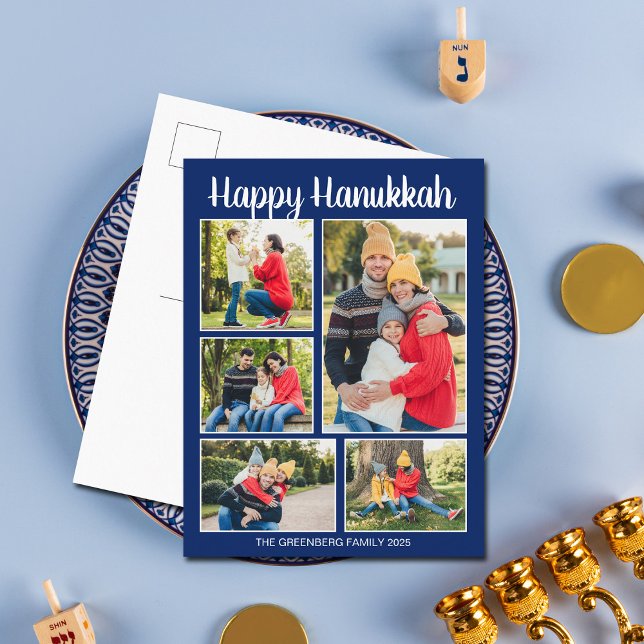 Glad Hanukkah Familjefotocollage Modern Blå Helg Vykort (Skapare uppladdad)