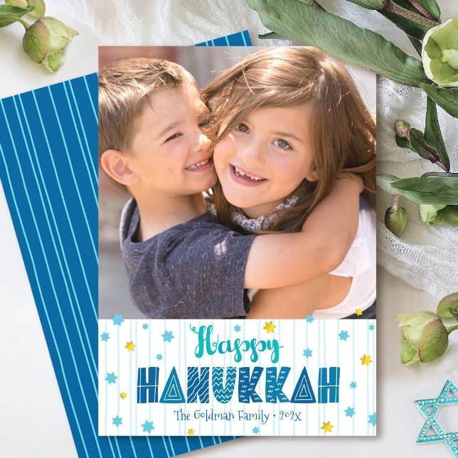 Glad Hanukkah Foto Guld Blå Stjärna Rolig Typograf Julkort (Skapare uppladdad)