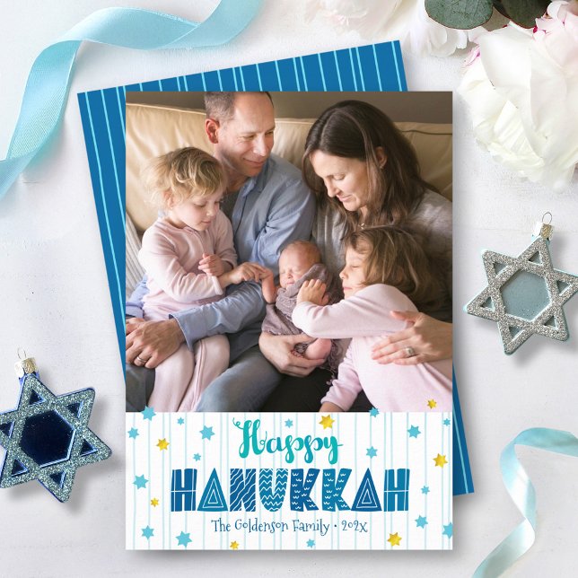 Glad Hanukkah Foto Rolig Typografi Guldstjärnor Julkort (Skapare uppladdad)