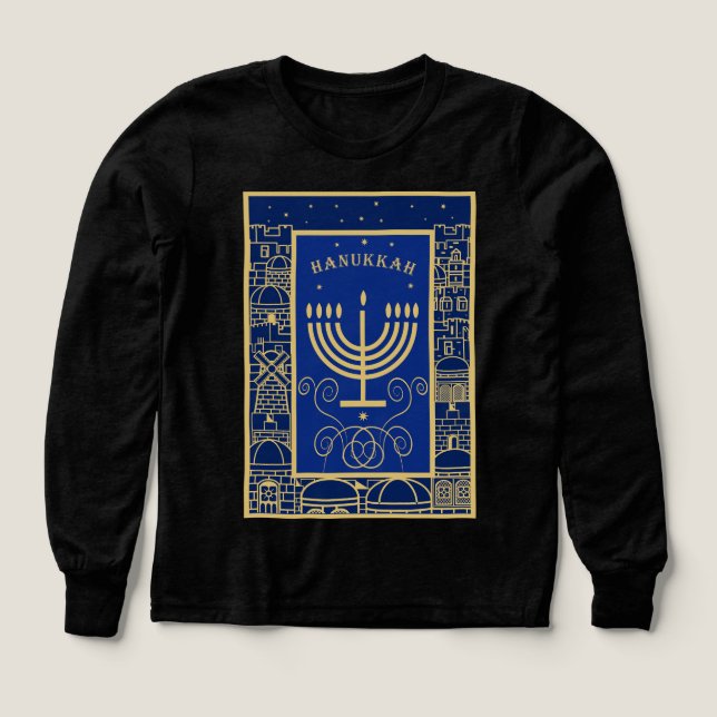 Glad Hanukkah Guld Menorah Judisk Högtid T Shirt (Design framsida)