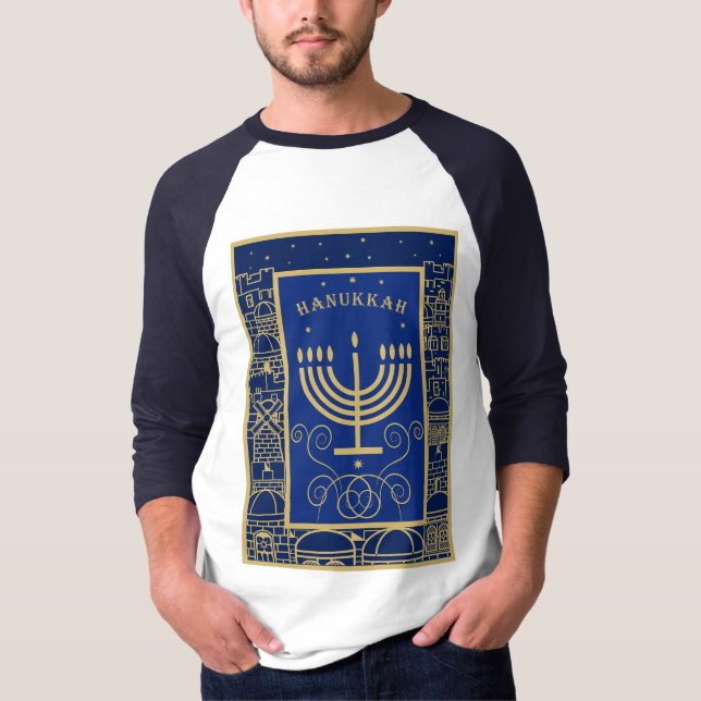 Glad Hanukkah Guld Menorah Judisk Högtid T Shirt (Framsida)