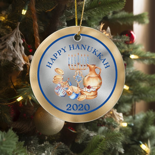 Glad Hanukkah Guld Silver Menora Julgransprydnad Keramik (Skapare uppladdad)