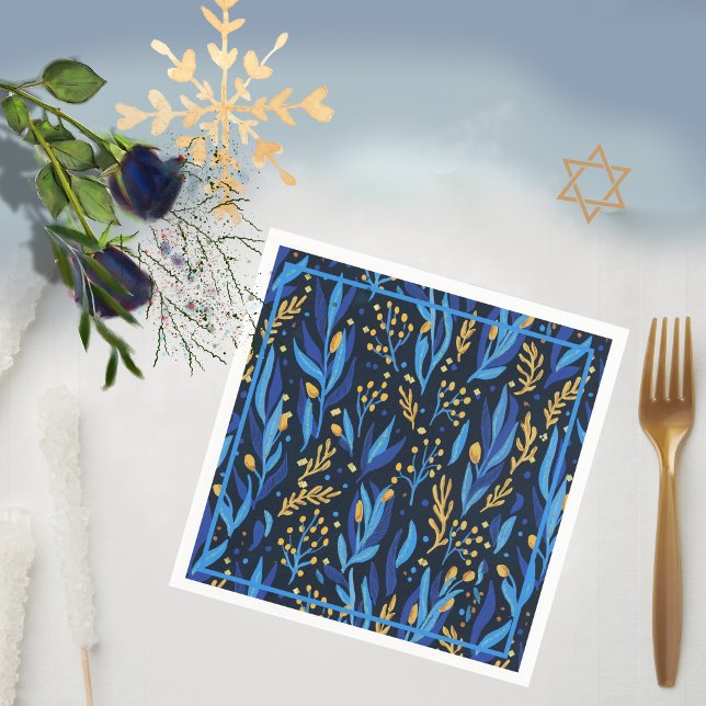 Glad Hanukkah i Marinblått Blommönster Pappersservett (Navy Blue Floral Pattern Happy Hanukkah Napkins)