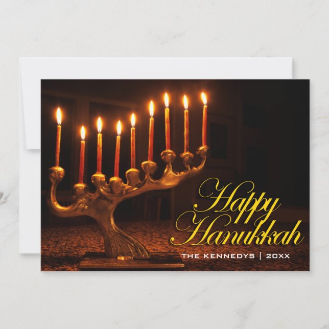 Glad Hanukkah - Illuminerad nio-ljus Menorah Julkort (Framsida)