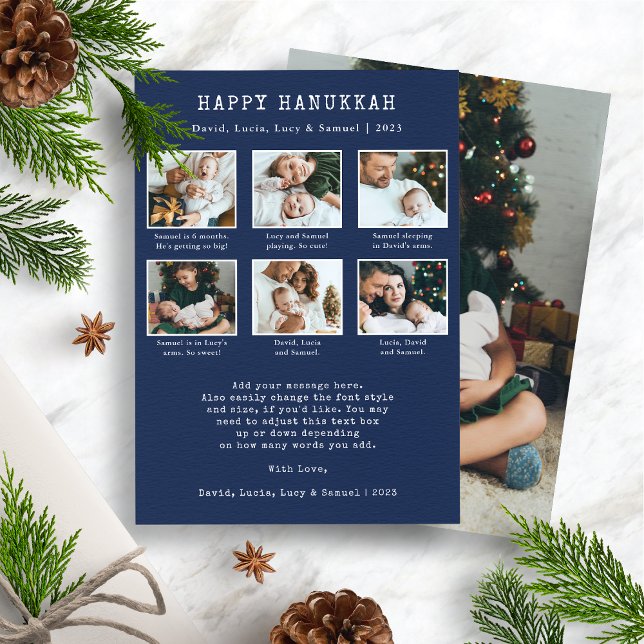 Glad Hanukkah-kort Julkort (Merry Christmas Photo Collage Holiday Card - Navy Blue and White)
