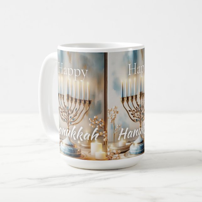 Glad Hanukkah Menorah Akvarell Modern Lyx  Kaffemugg (Framsida vänster)