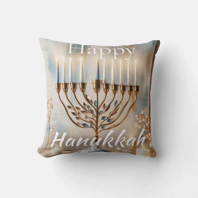 Glad Hanukkah Menorah Akvarell Modern Lyx  Kudde (Framsida)
