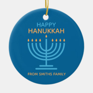 Glad Hanukkah Minimalistisk Blå Familjefoto Julgransprydnad Keramik