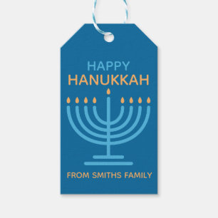 Glad Hanukkah Minimalistisk Blå Familjefoto Presentetikett