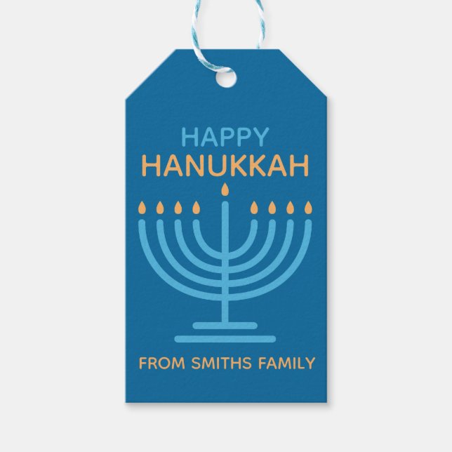 Glad Hanukkah Minimalistisk Blå Familjefoto Presentetikett (Framsidan)