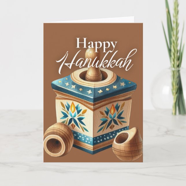 Glad Hanukkah Mjukpapper - Dreidel Blå Guld Kort (Framsida)