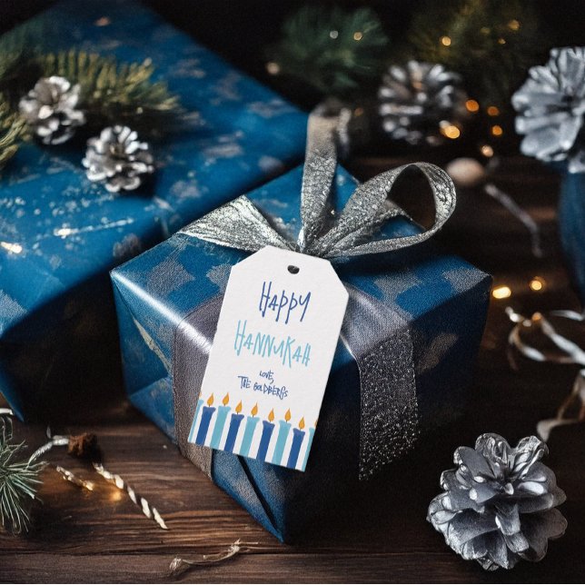 Glad Hanukkah presentetikett med blå ljus presente (Skapare uppladdad)