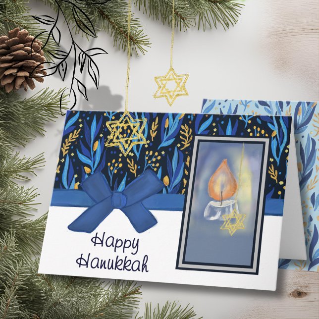 Glad Hanukkah Rik Blå & Guld Lövverk & Ljus Helgkort (Happy Hanukkah Rich Blue & Gold Foliage & Candle Holiday Card)