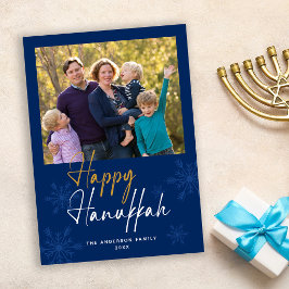 Glad Hanukkah Snöflingor Mörkblå Foto Julkort