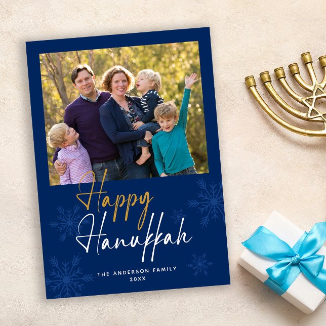 Glad Hanukkah Snöflingor Mörkblå Foto Julkort (Skapare uppladdad)