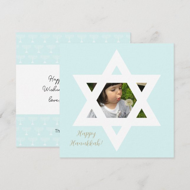 Glad Hanukkah Söt Blå En Foto Kort (Fram/baksida)