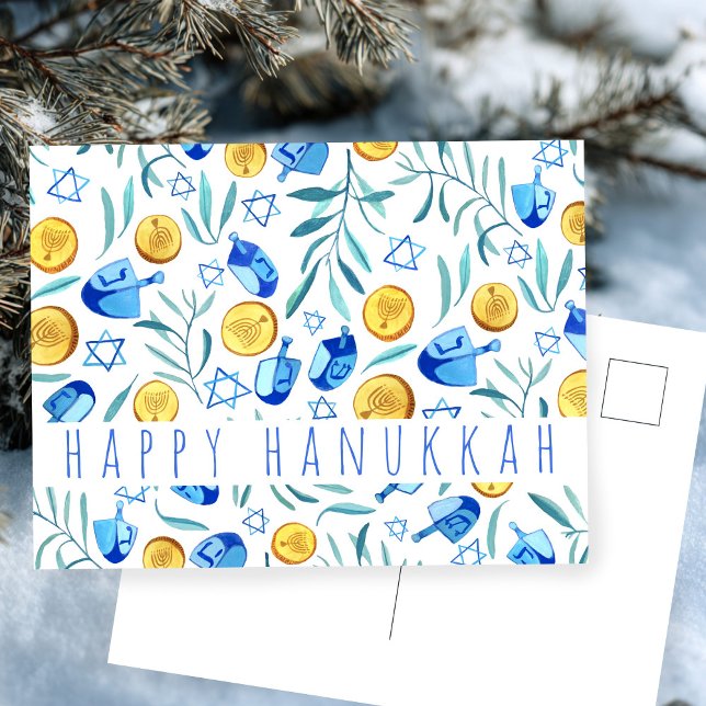 Glad Hanukkah Torkad Gelt Vattenfärg Anpassad Vykort (Happy Hanukkah Driedel Gelt Watercolor CUSTOM Postcard
)