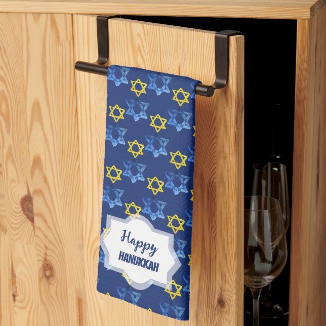 Glad Hanukkah Vattenfärg Davidsstjärnor Kökshandduk (Thirds Fold)