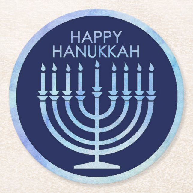Glad Hanukkah Vattenfärg Menorah Rund  Underlägg Papper Rund (Framsidan)