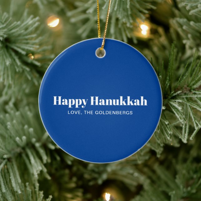 Glad Hanukkah vita blå moderna ränder anpassade Julgransprydnad Keramik (Träd)