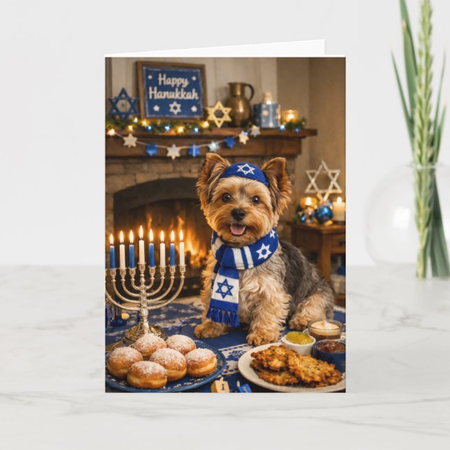 Glad Hanukkah Yorkie-kort – Bedårande judiskt kort (Framsida)