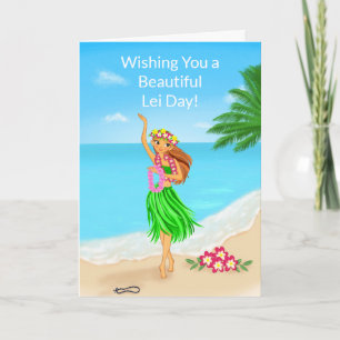 Glad hawaiiansk Lei-dags hula-flicka strand Kort