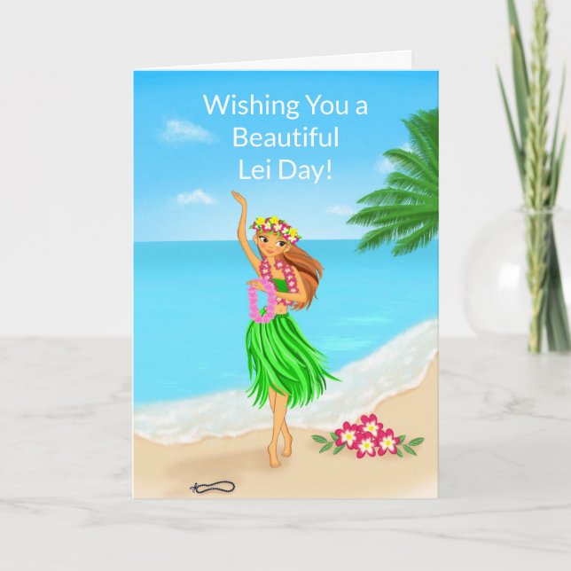 Glad hawaiiansk Lei-dags hula-flicka strand Kort (Framsida)