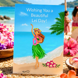 Glad hawaiiansk Lei-dags hula-flicka strand Kort