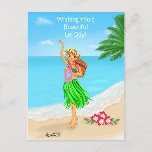 Glad hawaiiansk Lei-dags hula-flicka strand Vykort