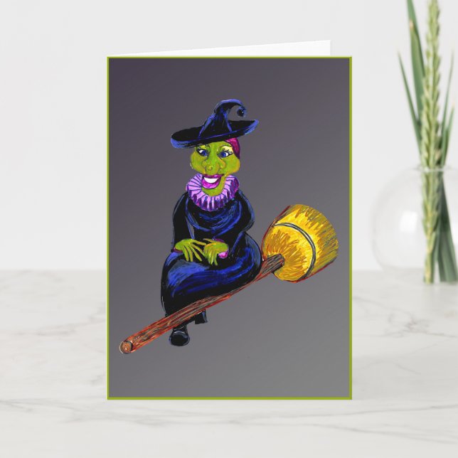 Glad Häxa som Flyger på en Kvast Halloween-kort Helgkort (Framsida)