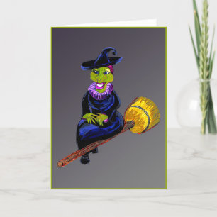 Glad Häxa som Flyger på en Kvast Halloween-kort Helgkort