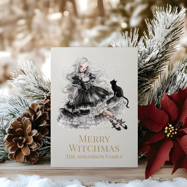 Glad Häxmas Gotisk Häxa Anpassningsbar Högtidskort Julkort (Merry Witchmas Gothic Witch Custom Holiday Card on a wooden table with Christmas decoration)