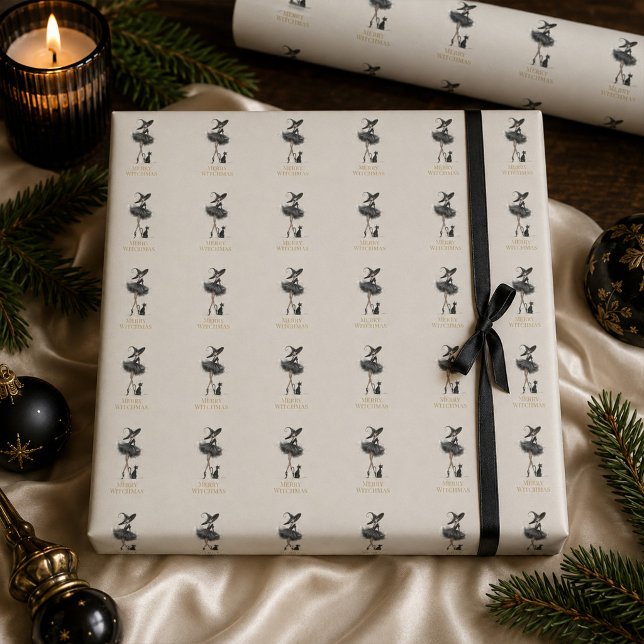 Glad Häxmas Inpackningspapper – Gotisk Häxa & Katt Presentpapper (Merry Witchmas Wrapping Paper – Gothic Witch & Cat)
